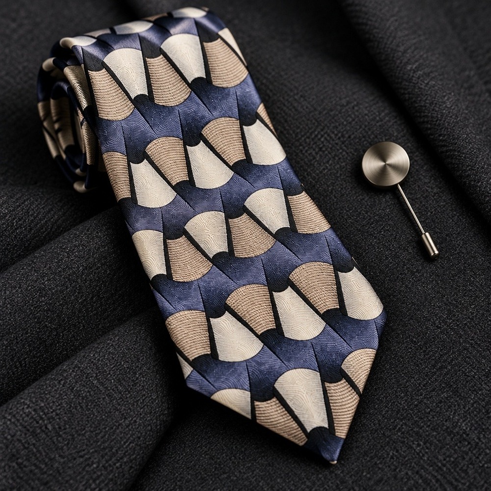 Ziggurat Mulberry Neckwear Mens Silk Tie Blue Taupe Geometric Fan Art Deco 4"